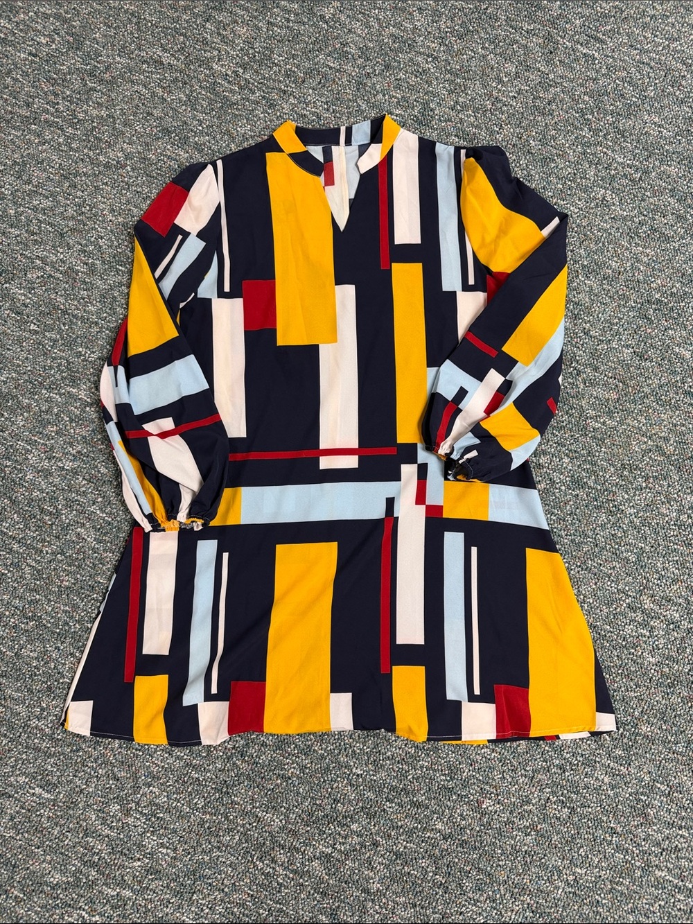 Geo-Block Long Sleeve Shift Dress in Mustard & Navy